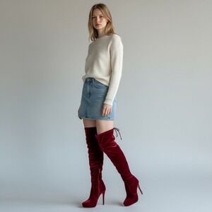 Bebe Giaa Velvet Burgundy Over The Knee Stiletto Heel Boots  Size 8 Glam‎ NWB